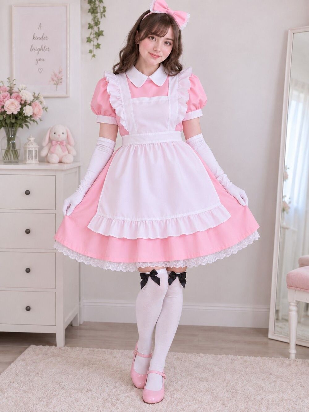 Maid Halloween Cosplay Costume Women’s M Pink Dress Pinafore Bow Gloves Sox